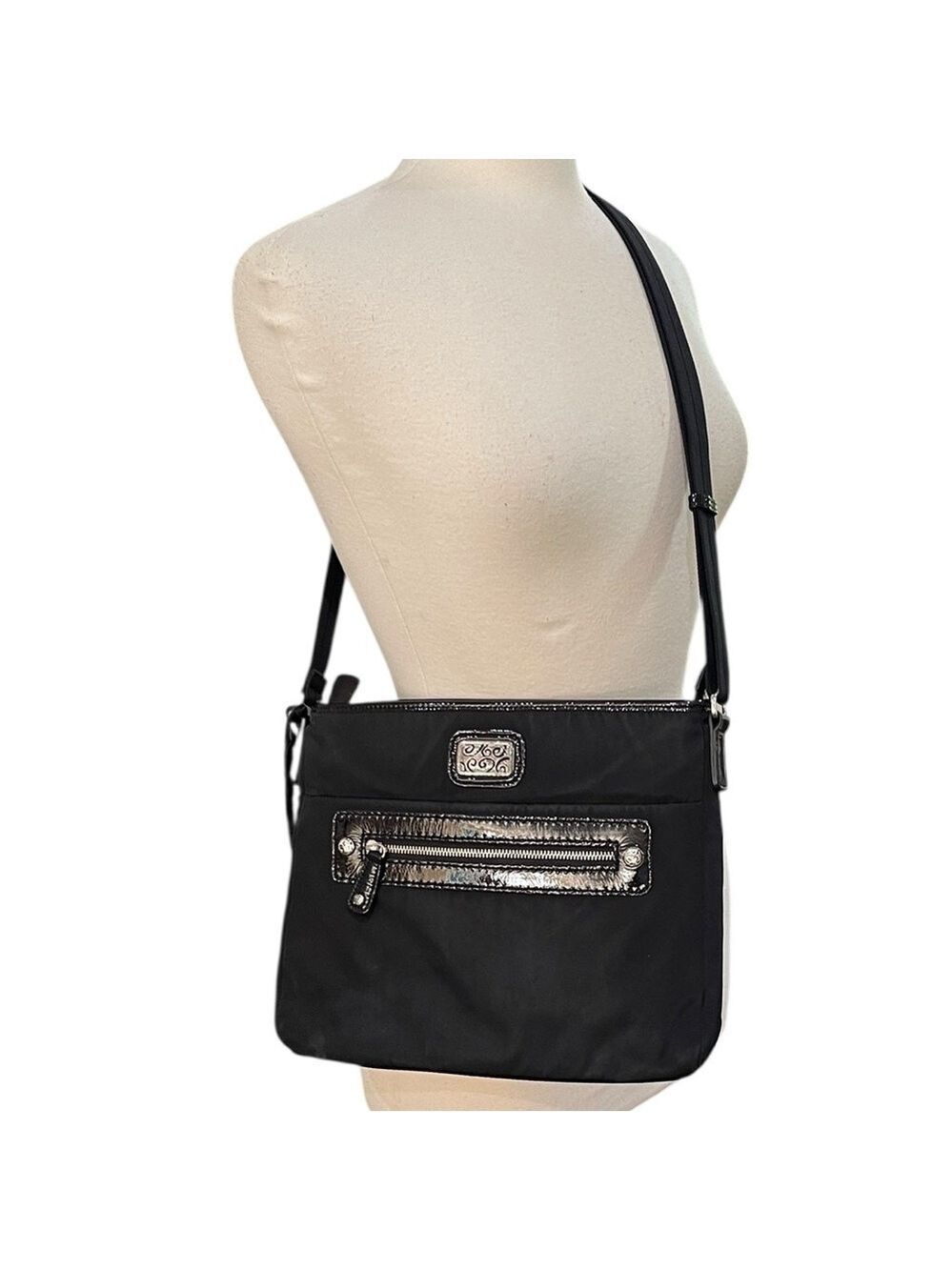 Brighton Microfiber Nylon Patent Leather Cross Body Bag Black Silver